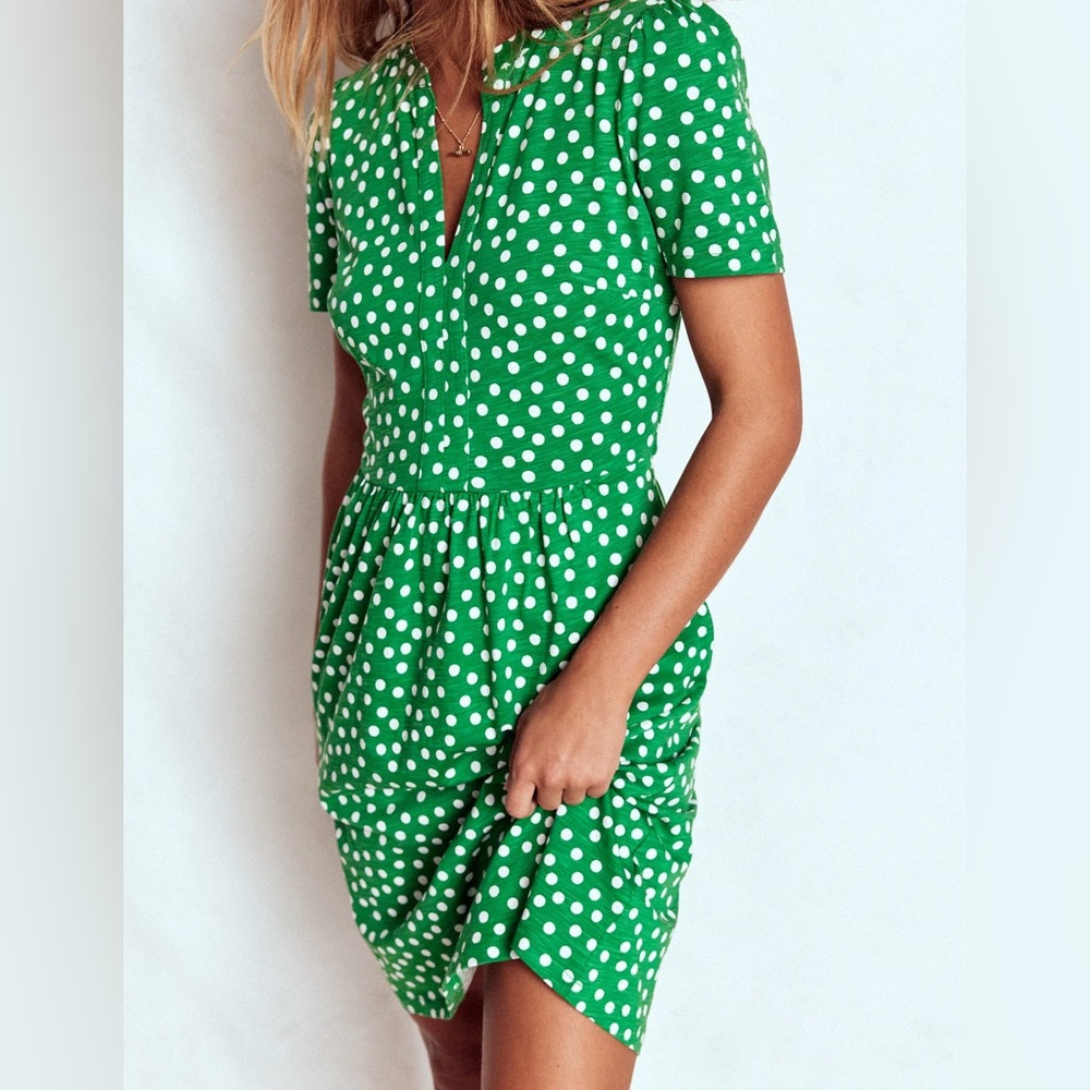 Boden Green and White Polka Dot Mini Dress with pockets